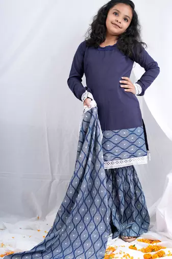 indigo full sleeves kurta, paired with indigo block printed sharara
