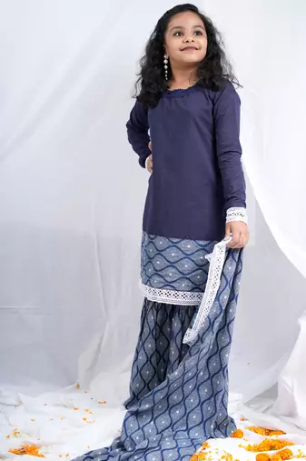 indigo full sleeves kurta, paired with indigo block printed sharara