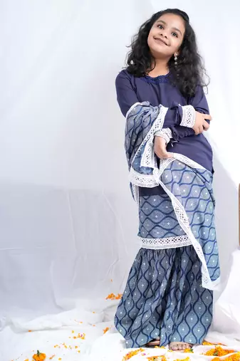 indigo full sleeves kurta, paired with indigo block printed sharara