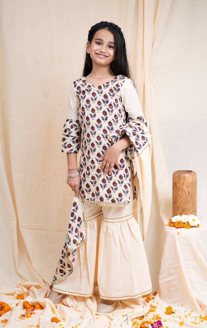 bagru handblock printed quarter frill sleeves short kurta, paired with beige sharara