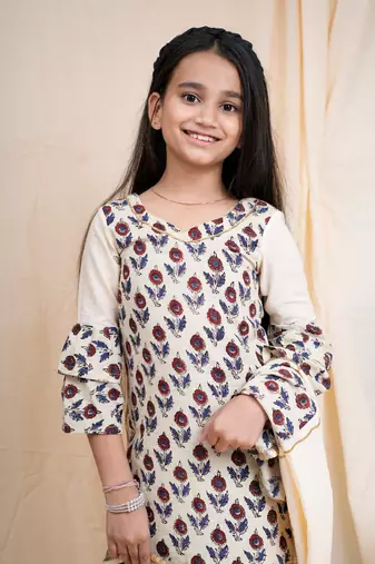 bagru handblock printed quarter frill sleeves short kurta, paired with beige sharara