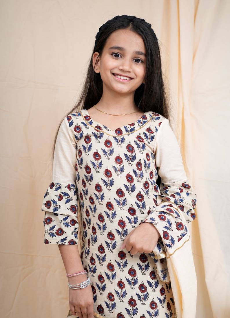bagru handblock printed quarter frill sleeves short kurta, paired with beige sharara