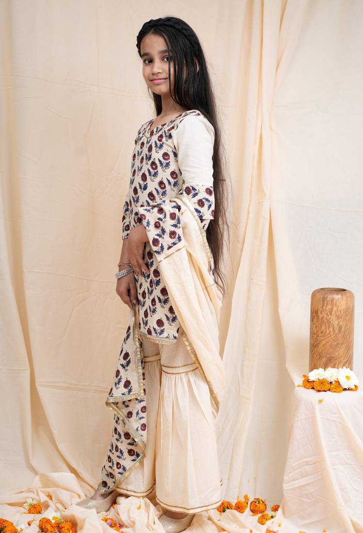 bagru handblock printed quarter frill sleeves short kurta, paired with beige sharara