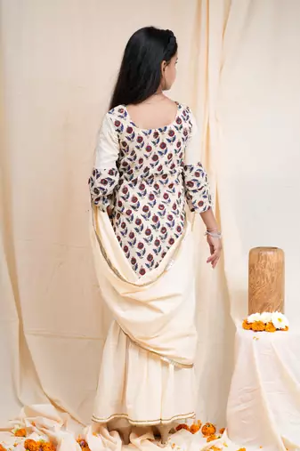 bagru handblock printed quarter frill sleeves short kurta, paired with beige sharara