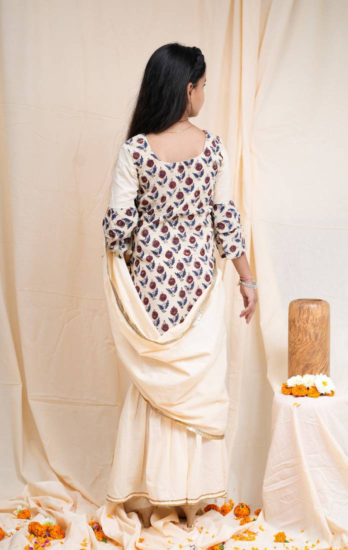 bagru handblock printed quarter frill sleeves short kurta, paired with beige sharara