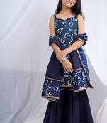 Indigo handblock printed sleeveless short kurta, paired with indigo sharara