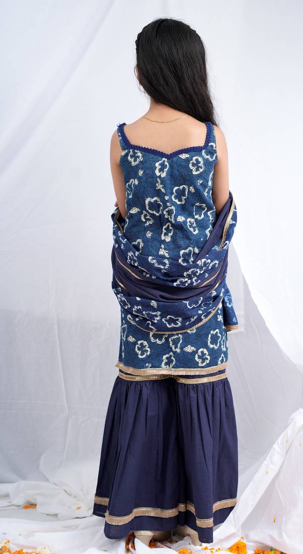 Indigo handblock printed sleeveless short kurta, paired with indigo sharara