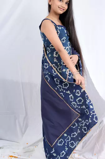 Indigo handblock printed sleeveless short kurta, paired with indigo sharara