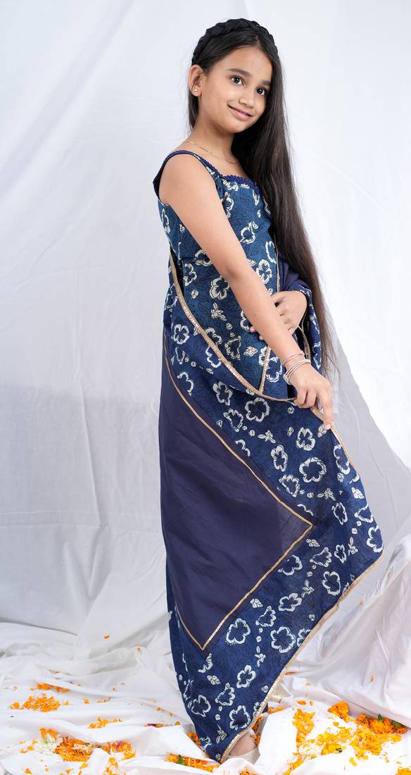 Indigo handblock printed sleeveless short kurta, paired with indigo sharara