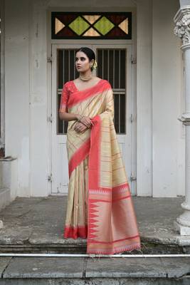 Banglori Raw Silk Saree With Contrast Temple Weaving Border Unique Linning Pallu With Blouse 1