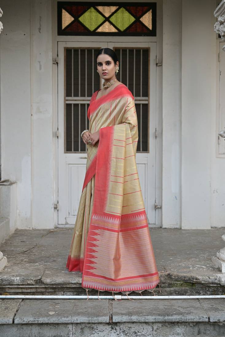 Banglori Raw Silk Saree With Contrast Temple Weaving Border Unique Linning Pallu With Blouse