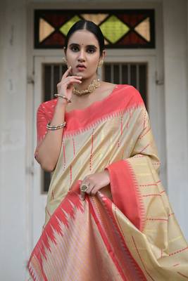 Banglori Raw Silk Saree With Contrast Temple Weaving Border Unique Linning Pallu With Blouse 3