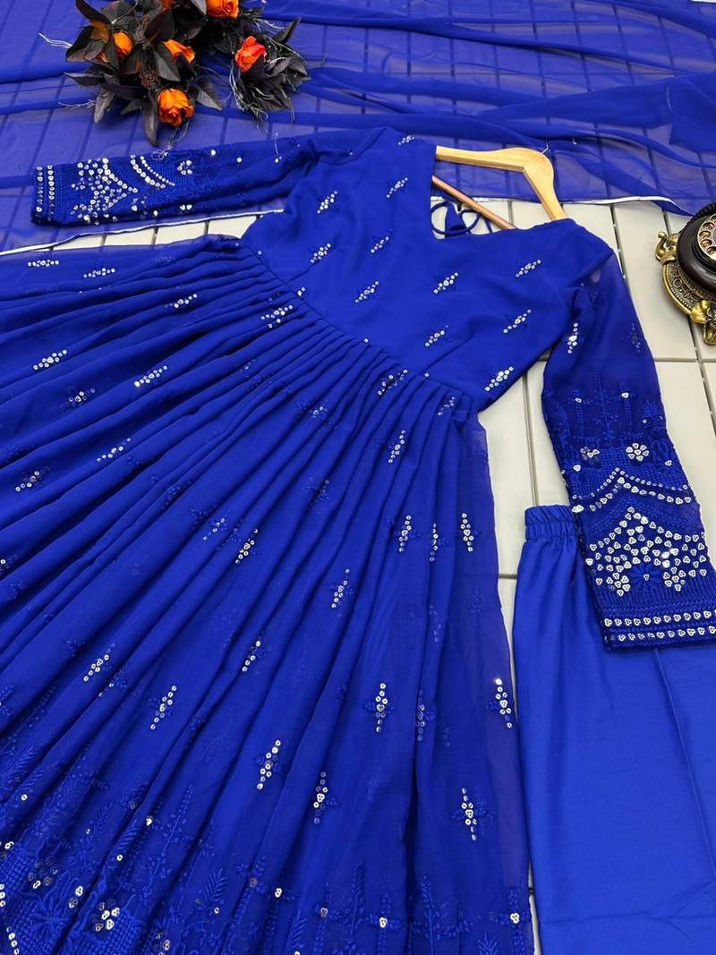 Roayl Blue Colour Beautiful Bollywood Style Georgette Anrkali Style Salwar Pant Dupatta