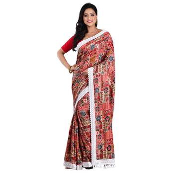 Aishani Collection Embroidered Sequine Work Printed Designer Silk Saree with bp (Red,Multicolor 1