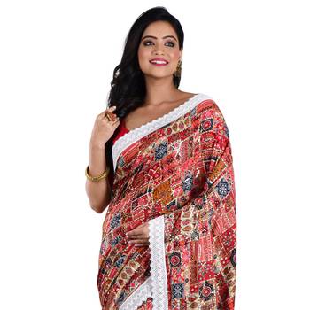 Aishani Collection Embroidered Sequine Work Printed Designer Silk Saree with bp (Red,Multicolor 2