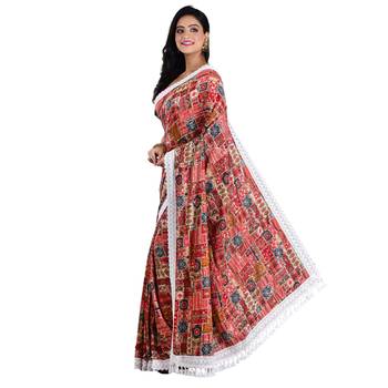 Aishani Collection Embroidered Sequine Work Printed Designer Silk Saree with bp (Red,Multicolor 3