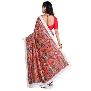 Aishani Collection Embroidered Sequine Work Printed Designer Silk Saree with bp (Red,Multicolor 4