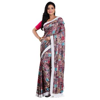 Aishani Collection Embroidered Sequine Work Printed Designer Silk Saree with bp (Majenta,Multicolor 1