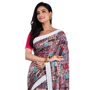 Aishani Collection Embroidered Sequine Work Printed Designer Silk Saree with bp (Majenta,Multicolor 2