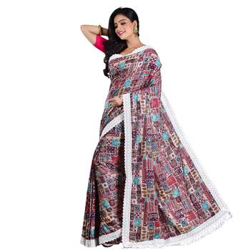 Aishani Collection Embroidered Sequine Work Printed Designer Silk Saree with bp (Majenta,Multicolor 3
