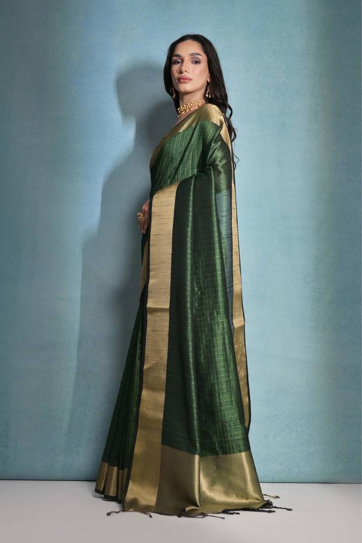 Green Banarasi Style Silk Bland  Zari Linning Pattern & Zari Border Saree With Blouse