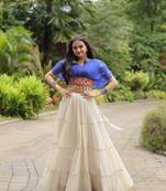 BLUE WHITE FRILL PATTERN WITH KUTCHI PATCH WORK KORA COTTON TRADITIONAL NAVRATRI WEDDING FESTIVAL STITCHED LEHENGA CHOLI