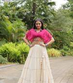 PINK WHITE FRILL PATTERN WITH KUTCHI PATCH WORK KORA COTTON TRADITIONAL NAVRATRI WEDDING FESTIVAL STITCHED LEHENGA CHOLI