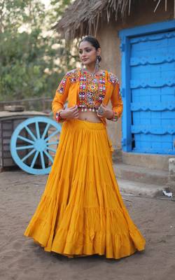 YELLOW THREAD EMBROIDERED WORK RAYON TRADITIONAL NAVRATRI WEDDING FESTIVAL STITCHED LEHENGA CHOLI KOTI SHRUG 1