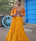 YELLOW THREAD EMBROIDERED WORK RAYON TRADITIONAL NAVRATRI WEDDING FESTIVAL STITCHED LEHENGA CHOLI KOTI SHRUG