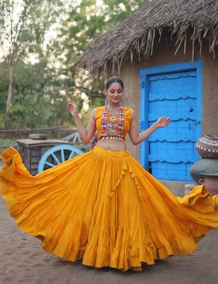 YELLOW THREAD EMBROIDERED WORK RAYON TRADITIONAL NAVRATRI WEDDING FESTIVAL STITCHED LEHENGA CHOLI KOTI SHRUG 2
