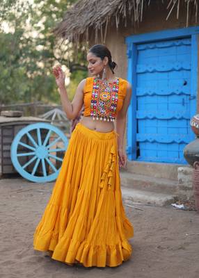 YELLOW THREAD EMBROIDERED WORK RAYON TRADITIONAL NAVRATRI WEDDING FESTIVAL STITCHED LEHENGA CHOLI KOTI SHRUG 4