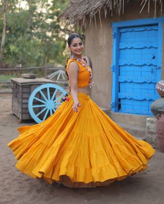YELLOW THREAD EMBROIDERED WORK RAYON TRADITIONAL NAVRATRI WEDDING FESTIVAL STITCHED LEHENGA CHOLI KOTI SHRUG 5