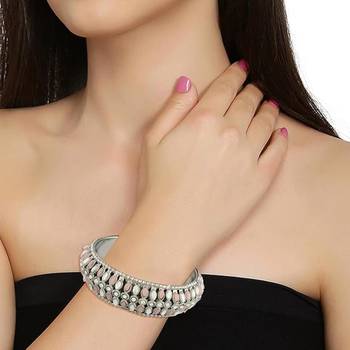navratri ethnic silver oxidised kundan work kada bangles for women  2