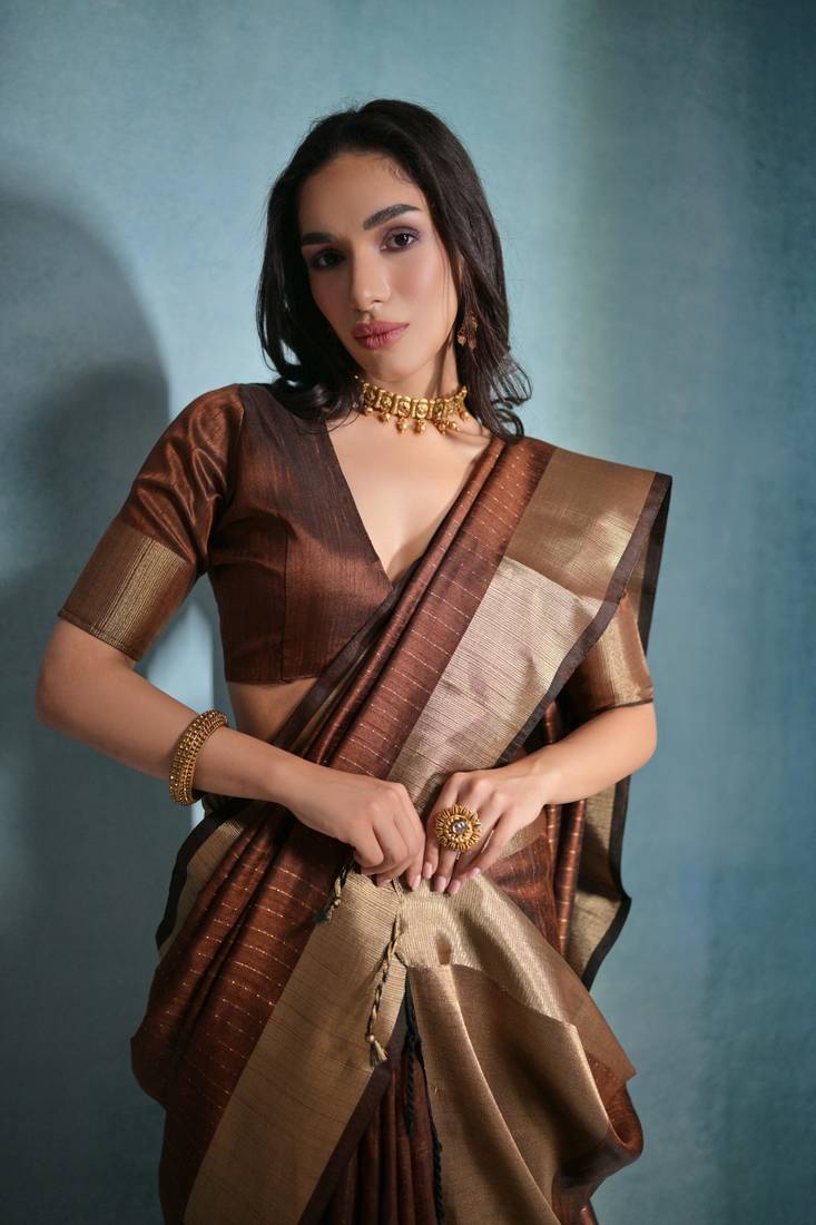 Coffee Banarasi Style Silk Bland  Zari Linning Pattern & Zari Border Saree With Blouse