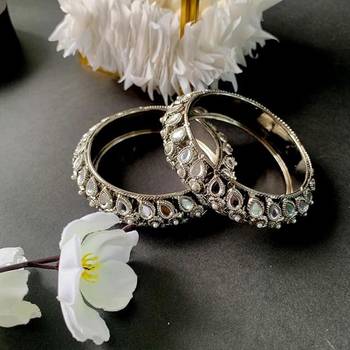 navratri ethnic silver oxidised kundan work kada bangles for women  1