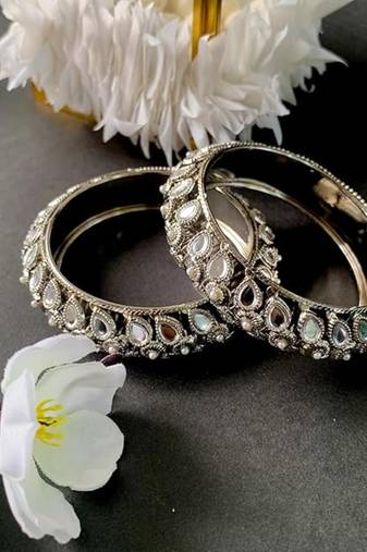 navratri ethnic silver oxidised kundan work kada bangles for women 