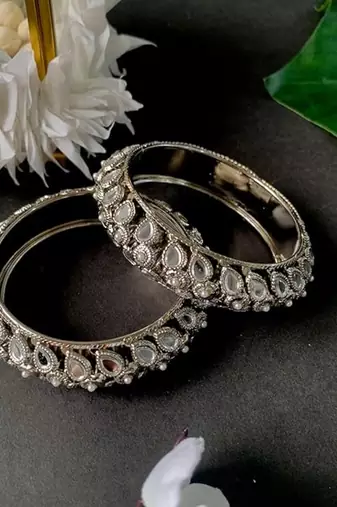 navratri ethnic silver oxidised kundan work kada bangles for women 