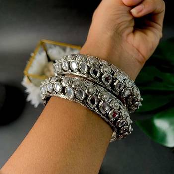 navratri ethnic silver oxidised kundan work kada bangles for women  3