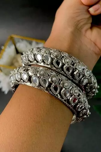 navratri ethnic silver oxidised kundan work kada bangles for women 