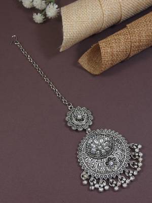 Silver Oxidised Floral Design Ghungroo Maang Tikka For Women 1