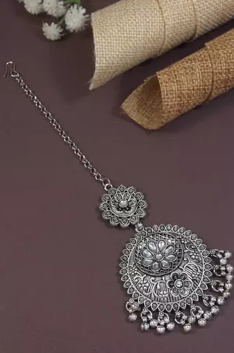 Silver Oxidised Floral Design Ghungroo Maang Tikka For Women