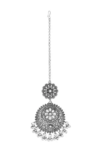 Silver Oxidised Floral Design Ghungroo Maang Tikka For Women