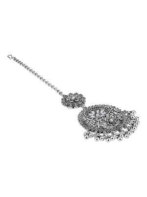 Silver Oxidised Floral Design Ghungroo Maang Tikka For Women 3