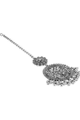 Silver Oxidised Floral Design Ghungroo Maang Tikka For Women