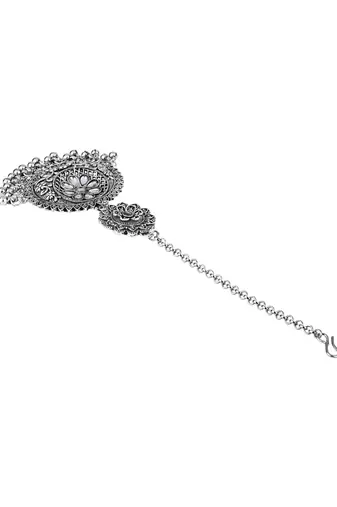 Silver Oxidised Floral Design Ghungroo Maang Tikka For Women
