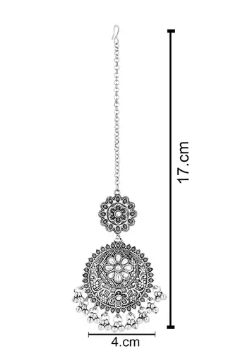 Silver Oxidised Floral Design Ghungroo Maang Tikka For Women