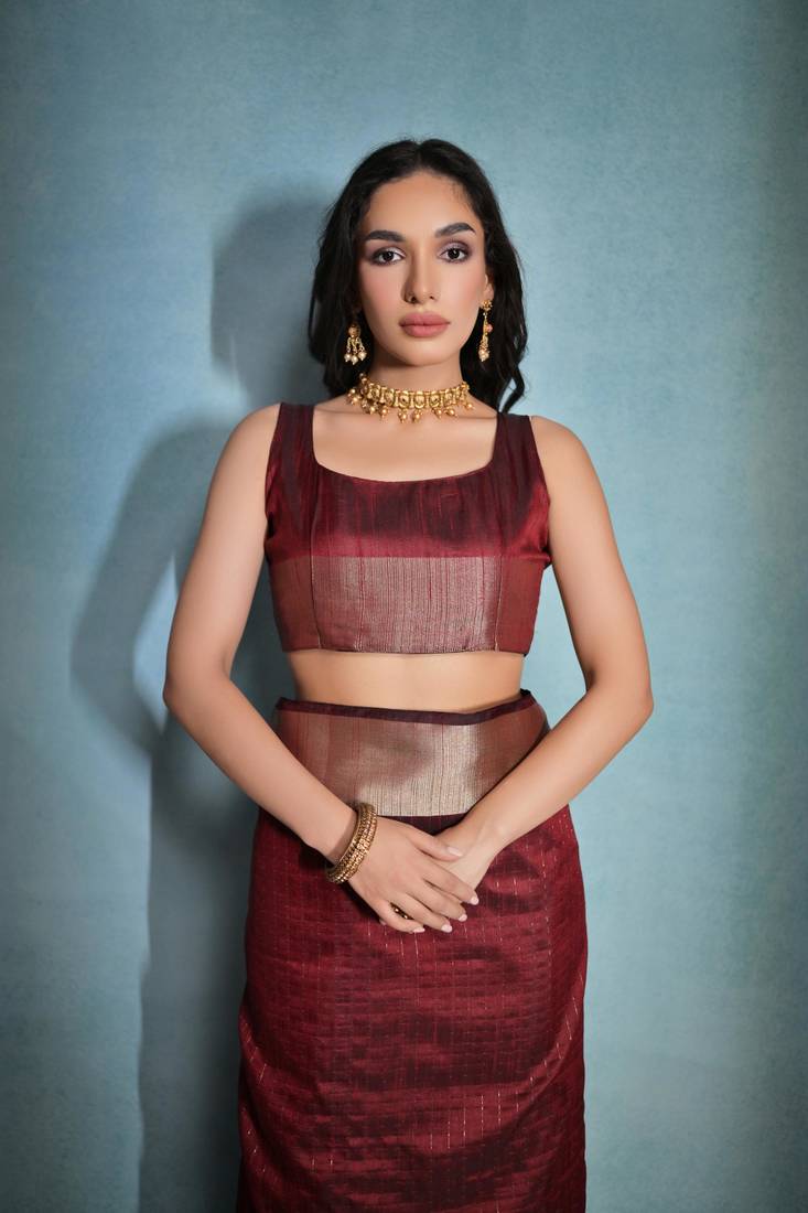 Maroon Banarasi Style Silk Bland  Zari Linning Pattern & Zari Border Saree With Blouse