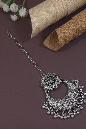 I jewels navratri ethnic silver oxidised maang tikka for women