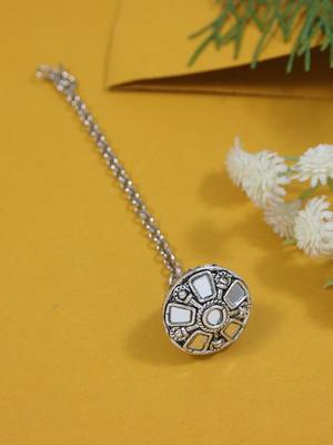 navratri ethnic silver oxidised mirror work borla/maang tikka for women 1