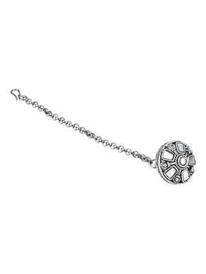 navratri ethnic silver oxidised mirror work borla/maang tikka for women 3